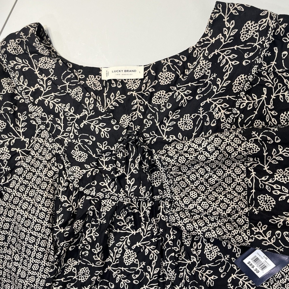 NWT Lucky Brand Top Sz L Floral Boho Indie CottageCore Peasant Hippie Black